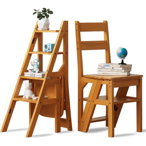 Escabeau, 4 marches, escabeau pliant 2-en-1 et chaise, marchepied, pliable, escabeau en bois, escabeau ménager, charge maximale 180 kg, convient pour la cuisine, la maison (1/5)