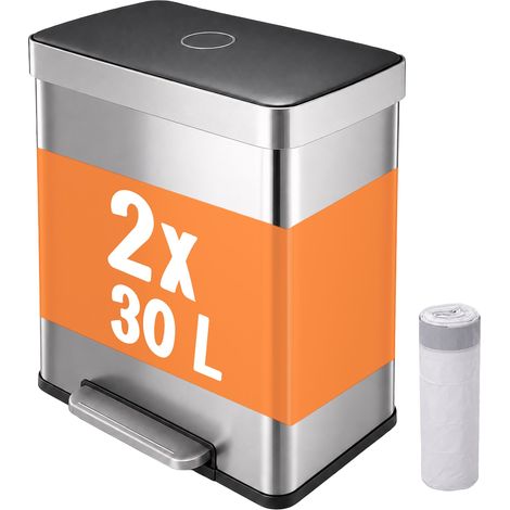 Relaxdays Mülleimer, 2 Fächer, 2x30 l, entnehmbare Inneneimer, Softclose, Fußpedal, Edelstahl, Treteimer Küche, silber (1/5)