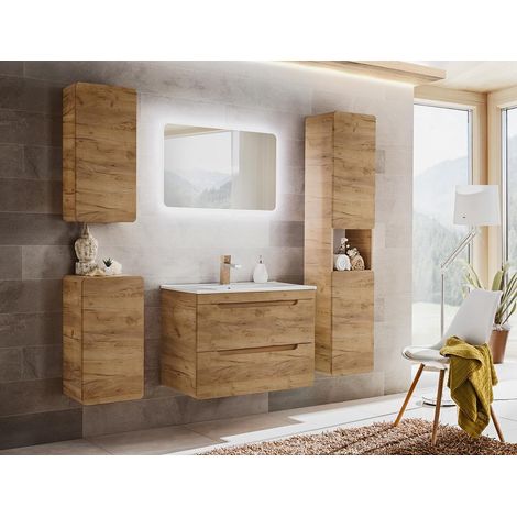 Meuble sous lavabo de salle de bain - Chêne artisanal doré - L60-H59-P46 - ARRIBA + Plan de vasque en bois CHÊNE GOLD CRAFT L-61-P46-H2,5 (1/3)