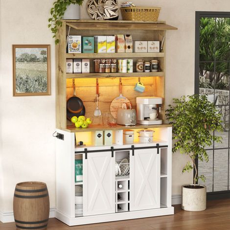 Tkopy - Vitrine équipée d'un éclairage LED, Vitrine sur pied, Vitrine de cuisine, pour salon, cuisine, restaurant, equipé de prises électriques et d'un casier à bouteilles, 110x40x191cm, naturel+blanc (1/5)