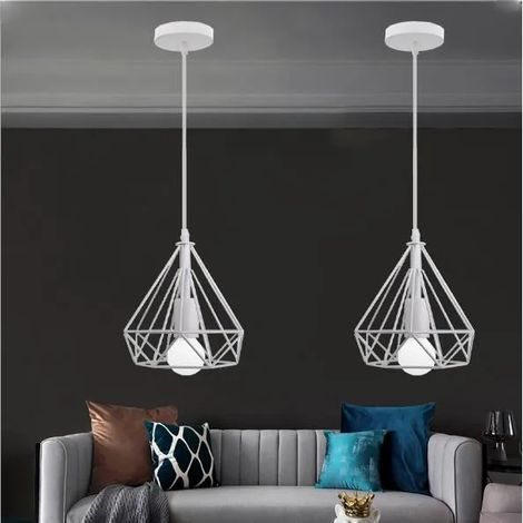Lot de 2 Lustre Suspension Luminaire Industrielle en Diamant Cage Blanc Plafonnier Vintage en Fer Forge pour Salon Chambre (1/4)
