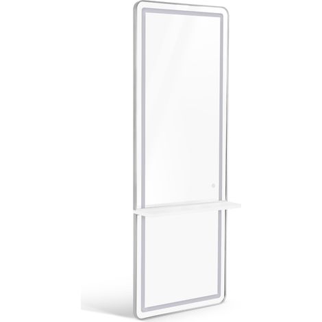 BarberPub Wandspiegel mit Beleuchtung, Ganzkörperspiegel mit Aluminiumrahmen, Großer Spiegel mit Ablage, Touch-Schalter, 3 Lichtfarben Dimmbar, für Friseursalon, 17x65x177 cm, J6271 (Weiß-Silber)