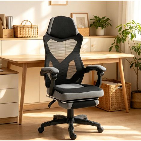 Silla de oficina ergonómica 58x63x122 cm de malla, negro y gris, respaldo alto - MEUBLIV (1/5)