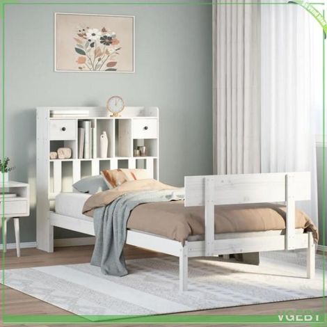 Lit bibliothèque sans matelas - Mod. 3321819 - 75 x 190 cm - Bois de pin massif - Tête de lit avec rangements (1/5)