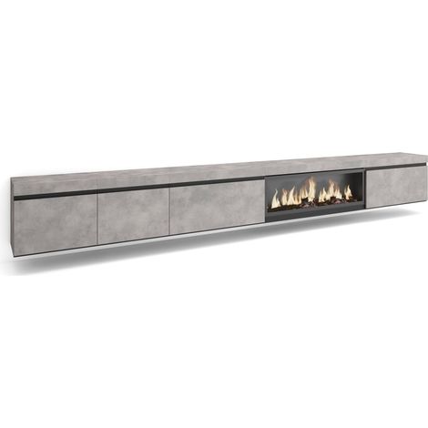 Skraut Home - Meuble TV, Banc Télé, Grand espace de Rangement, 368x45x35, Cheminée électrique XXL, Suspendu, Mural, Style moderne, Gris Ciment (1/5)