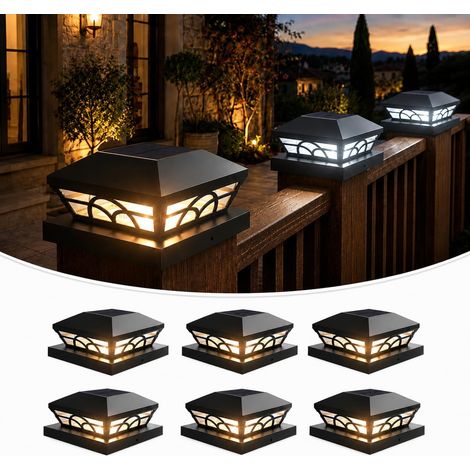 Lot de 6 Lampe Solaire Poteau, 2 Modes Chapeau Poteau Bois 9x9, 10x10, 13x13, 14x14 cm, IP65 Étanche Capuchon de Poto Lumineux Solaire Exterieur Pour Jardin, Terrasse,Entrées (3000K/6000K) (1/5)