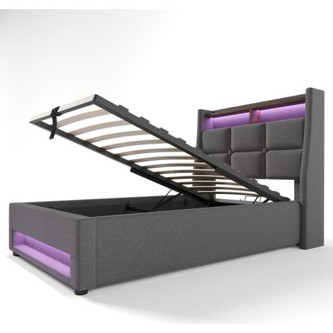 Cama tapizada 90x200 cm con USB y LED, estructura metálica, tela efecto lino, gris - HOMVRA (1/5)