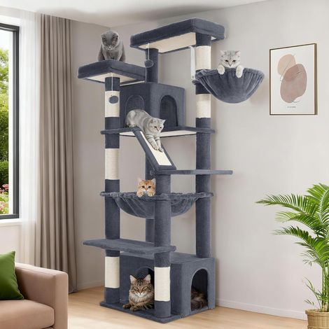 Arbre à Chat, XL, 183 cm Haut, 2 Plateformes, 2 Niches, 6 Griffoir, Un Panier pour Chat, Un Hamac. Convient à Toutes Les Races de Chats, Notamment Le Maine Coon, Gris Foncé