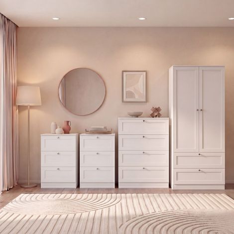 Altino 4 Piece Bedroom Set with 3 Drawer Bedside, Set of 2, 4 Drawer Chest, 2 Door 2 Drawer Wardrobe, White