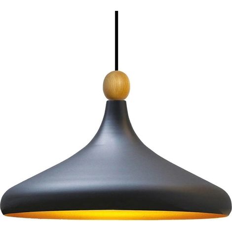 bamyum Holz Champion Suspension Industrielle Plafonnier, 35 cm Abat-Jour Plafonnier, Suspension Industrielle, E27 Lumières Pour Salon & Salle À Manger, Luminaire Suspendu Noir (1/4)