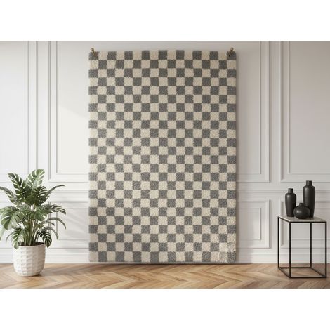 BOBOCHIC - Tapis poils longs DAMIEN motifs damier  160x230 Gris (1/5)