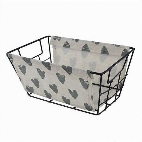 TRADE SHOP - Cesto Portaoggetti In Ferro Tessuto Stampa A Cuori Grigi Manici 25x15x12cm 10616 - (1/2)