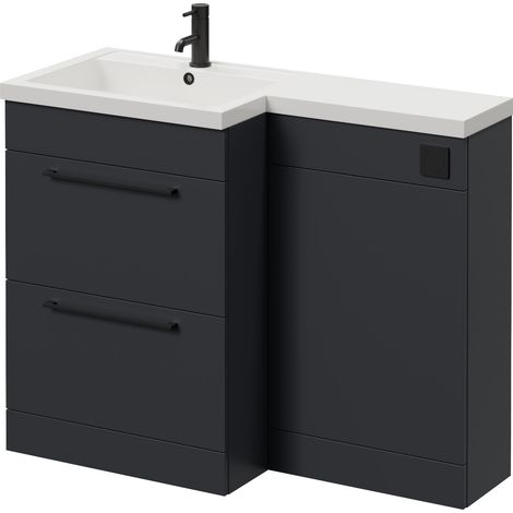 Napoli 460 Gloss Grey 1100mm 2 Drawer Vanity Unit Toilet Suite with Left Hand Square Lucia Basin - 1100mm - Matt Black 320mm HandleWithout Kingston Toilet Pan