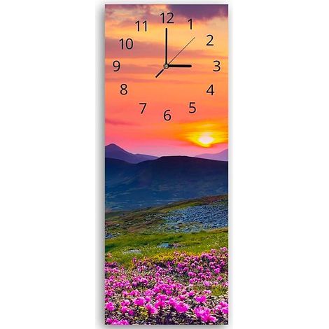 Horloge Murale Panoramique Coucher de Soleil et Fleurs de Montagne - 30 x 90 cm