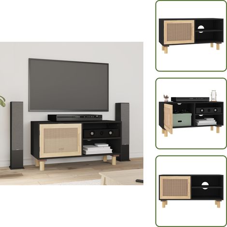 Meuble TV Noir 80x30x40 cm Bois de pin massif et rotin naturel - Meubles Tv - Meuble Tv - Support Tv - Unité Tv - Meuble Design (1/5)