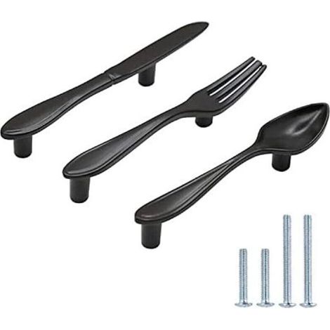 Set of 3 spoon, knife and fork shaped furniture handles. Zinc alloy. 76mm center-to-center distance. Matte black finish. (1/5)