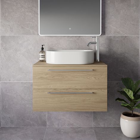 Napoli 460 Light Oak 800mm Wall Mounted 2 Drawer Vanity Unit for Countertop Basins - 800mm - Chrome 480mm Handle