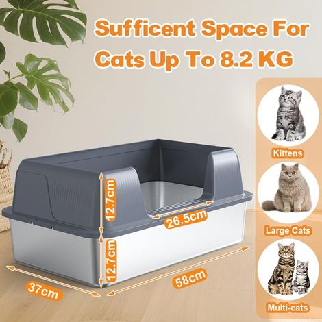 Bac à litière en acier inoxydable pour chat avec grand bac anti-projection bords hauts et pelle boîte à litière ouverte pour chats et chatons