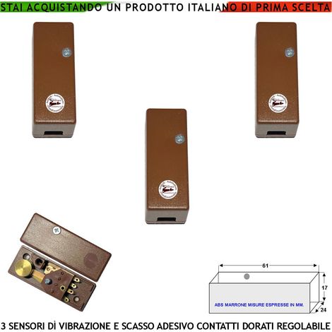Sensore Di Vibrazioni Continue 3 Pezzi Rileva lo Scasso Per Furto Sicurezza Via Filo su Inferriate Porte Vetrate Martelletto Regolabile Contatto Allarme NC Tamper Contenitore Adesivo ABS Marrone IP30 (1/4)