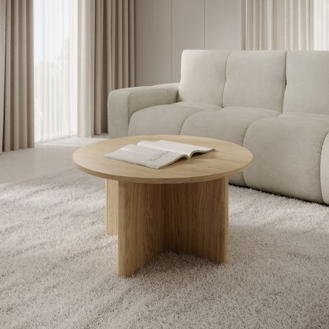 Couchtisch Kasi, runde Form, braune Tischplatte, Gestellfarbe Eiche, 90x90x49h cm Braun Eiche (1/4)