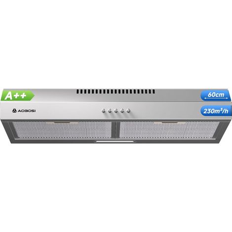 Hotte Aspirante 60cm Sous Armoire, Classe Énergétique A++, Évacuation/Recyclage, Débit d'Air 230m³/h, Hotte de Cuisine Inox avec 3 Vitesses et Éclairage LED, Accessoires Inclus [Classe énergétique A++ (1/5)