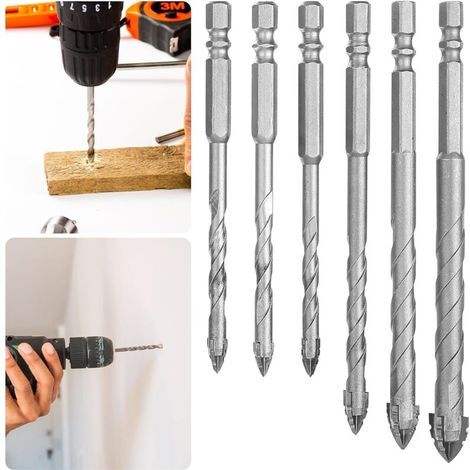 Set aus 6 exzentrischen Vierzahnbohrern mit hochfesten Hartmetallspitzen und 1/4"-Sechskantschaft für Mauerwerk, Beton, Ziegel, Metall, Holz und Fliesen. (1/4)