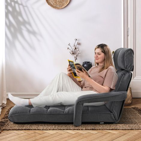 Fauteuil Relax pour Salon Chaise de Sol Méridienne Dossier Réglable à 5 Angles avec Appui-tête et Repose-pieds Gris Foncé (1/3)