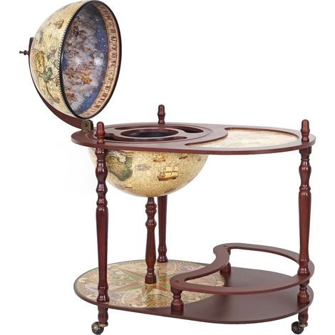 Bar de salon avec table HWC-D84, minibar, globe terrestre Ø 42cm, roulant, bois d'eucalyptus (1/5)