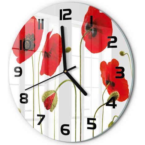 Horloge Murale Ronde Cadeau Original Verre Silencieuse pour Maison Salon Coquelicots fi 30 cm (1/5)