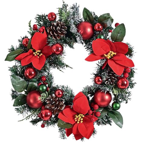 (40cm)Guirlande de boules de Noël artificielles avec aiguilles de pin et fleurs de poinsettia, parfaite pour la porte d'entrée, la cheminée, la table extérieure, le centre de table (1/3)