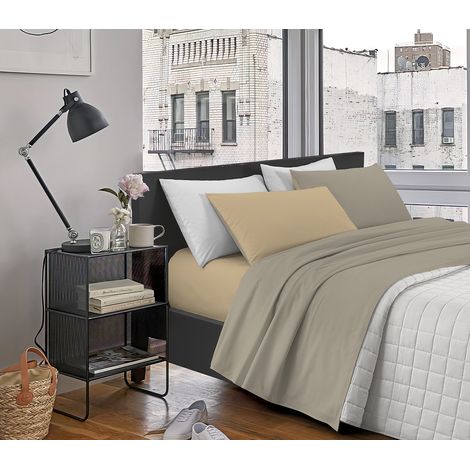 Completo Letto In Morbido Cotone Di Flanella Antipilling Set Lenzuola Bicolore Lenzuolo Sopra Sotto Federe Tortora-Beige - Singolo (1/5)