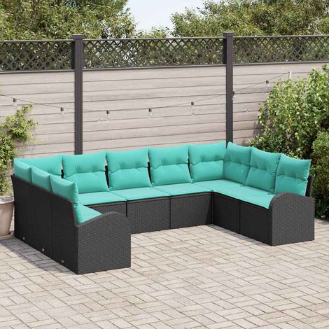 Salon de jardin modulable en polyrotin noir et turquoise avec coussins 9 pièces - PANGIVO (1/5)