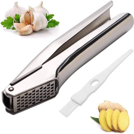 Prensa de ajos, prensa de ajos de acero inoxidable, prensa de ajos profesional con cepillo de limpieza para chefs, restaurantes, (1/5)