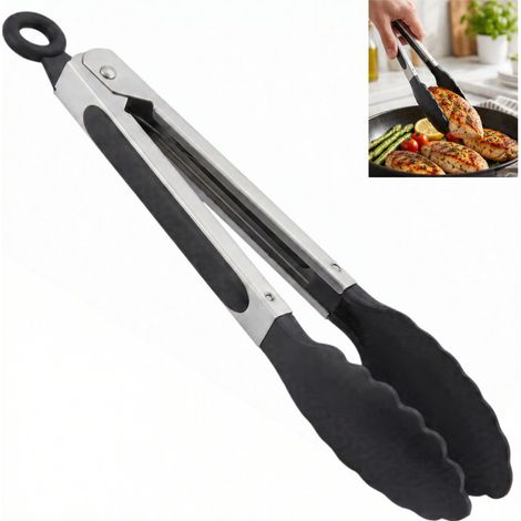 Pince Cuisine Silicone, Pince Barbecue Inox, 27.5CM, Noir (1/5)