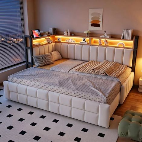 Lit banquette extensible 90/180x200 cm, lit gigogne avec 2 tiroirs, tĂŞte de lit Ă rangements, LED, USB/USB-C, sommier Ă lattes, velours, beige (1/5)