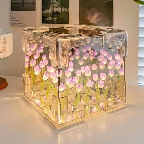 Lampe Tulipe DIY,Veilleuse Tulipe,Lampe de Miroir de Tulipe,Veilleuse Miroir Tulipe LED pour Chambre à Coucher,Salon,Bureau,Décoration de la Maison (Violet)