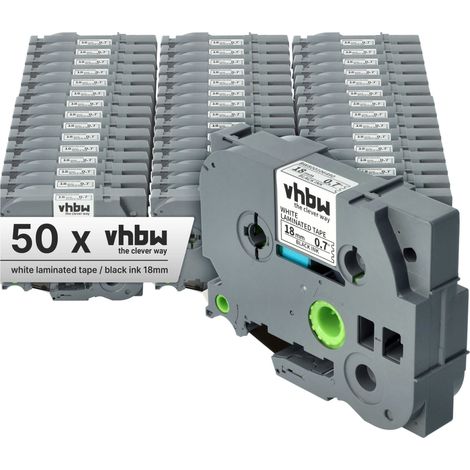 vhbw 50x Label Tape compatible with Brother PT 300 SP, 310 CC, 340 C, 350, 340, 310, 300 Series Label Printer 8m x 18 mm, Black on White (1/4)