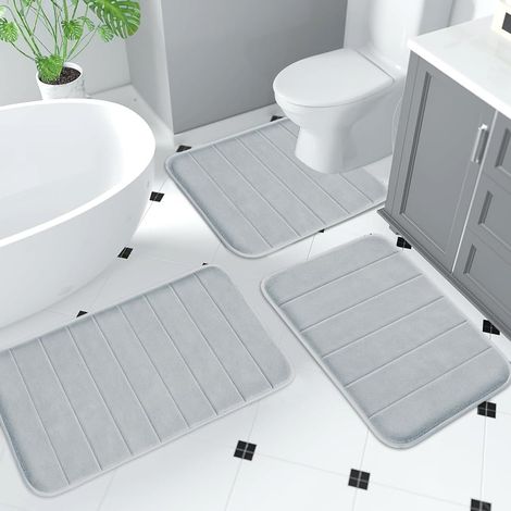 Lot de 3 tapis de bain antidérapants et lavables pour la salle de bain - Tapis de bain pour douche, baignoire et WC - Gris clair (1/5)