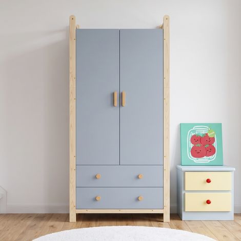 Placard 2 portes avec tringle et 2 tiroirs, parfait pour chambre, séjour ou couloir. En panneaux de particules, finition bleue, cadre pin. Taille : 90 x 45 x 180 cm. (1/5)