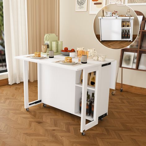 Mesa de comedor plegable 105x100 cm con almacenamiento y ruedas giratorias 360° bloqueables, MDF blanco, ahorro de espacio (1/5)