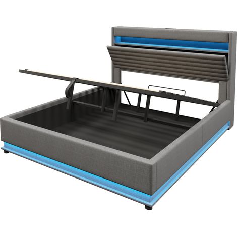 Polsterbett 180 x 200 cm grau aus Leinen mit LED, USB-C und hydraulischem Bettkasten (1/5)