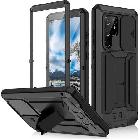 Étui de téléphone en alliage d'aluminium compatible avec Galaxy S22 Ultra/S22+/S22, avec support et cache-caméra, noir antichoc. (1/4)