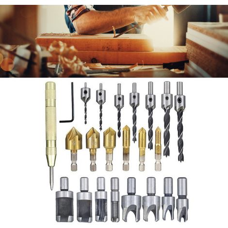 Ensemble de 23 forets en acier inoxydable et laiton, embouts hexagonaux 1/4 po et ronds 3/8 po, pour le travail du bois (1/5)