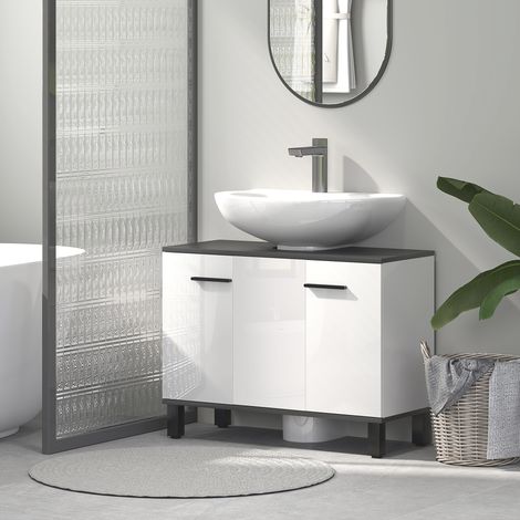 Meuble sous-évier pour salle de bain avec armoire 2 portes et étagère réglable, 80x34x60 cm, Blanc Brillant (1/5)