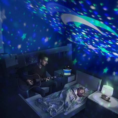 Sternenhimmel-Projektor-LED-Nachtlicht, 360° drehbare Projektionslampe, Party-Projektionslampe, 8 Modi, Spielzeug-Drehlampe für Kinder, Babyblau, Retro