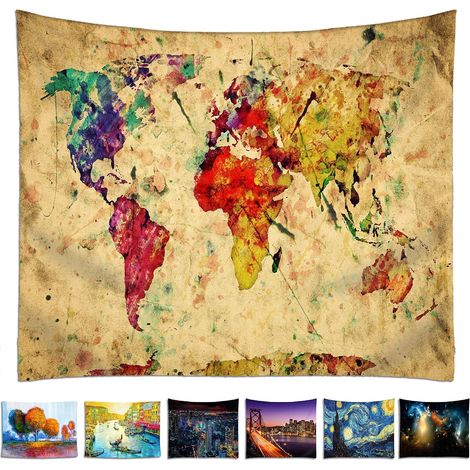 Tapis mural Carte du Monde (130x150cm), Tentures murales décoratives avec impression très détaillée, Décoration murale en tissu, Poster textile géant, Panneau mural en polyester (1/5)