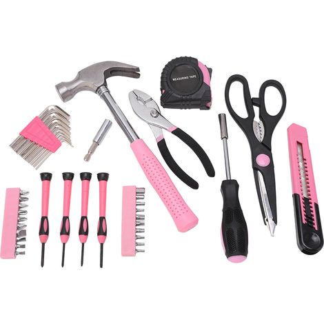 Coffret de 39 Outils Ménagers Rose Portable Boîte à Outils Marteau Tournevis Clé Ensemble de Réparation pour Femme (1/5)
