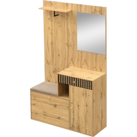 Garderobe d'entrée compacte avec miroir, siège rembourré et étagères réglables en MDF 110x185,5x37 cm (1/5)