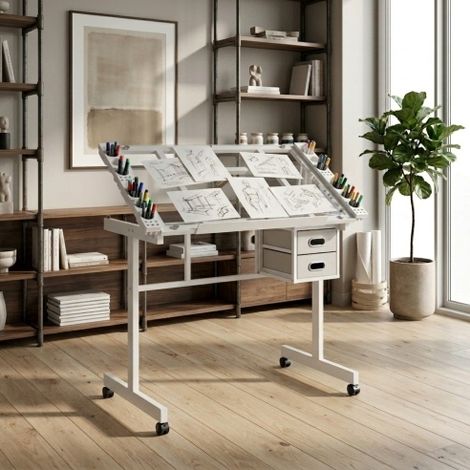 Mesa de dibujo regulable 103x60x78 cm de metal y vidrio blanco con ruedas con freno - CHICFURN