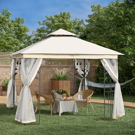 Kiosque jardin 3x3m moustiquaire cadre acier double auvent, blanc